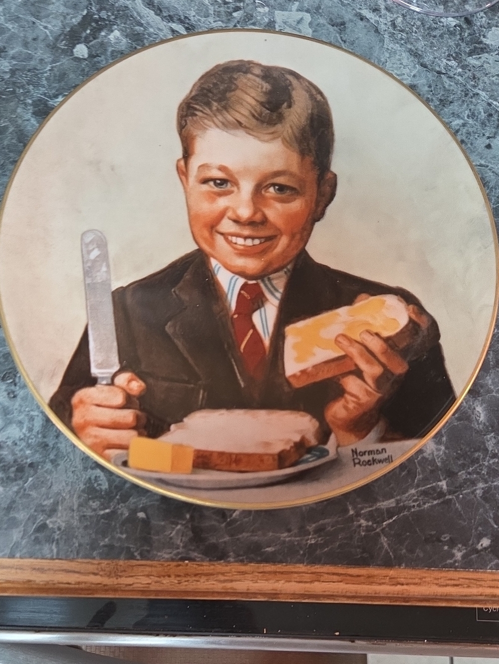 Norman Rockwell Plate with Boy Illustration — Gold Trim, Brown and Cream Tones